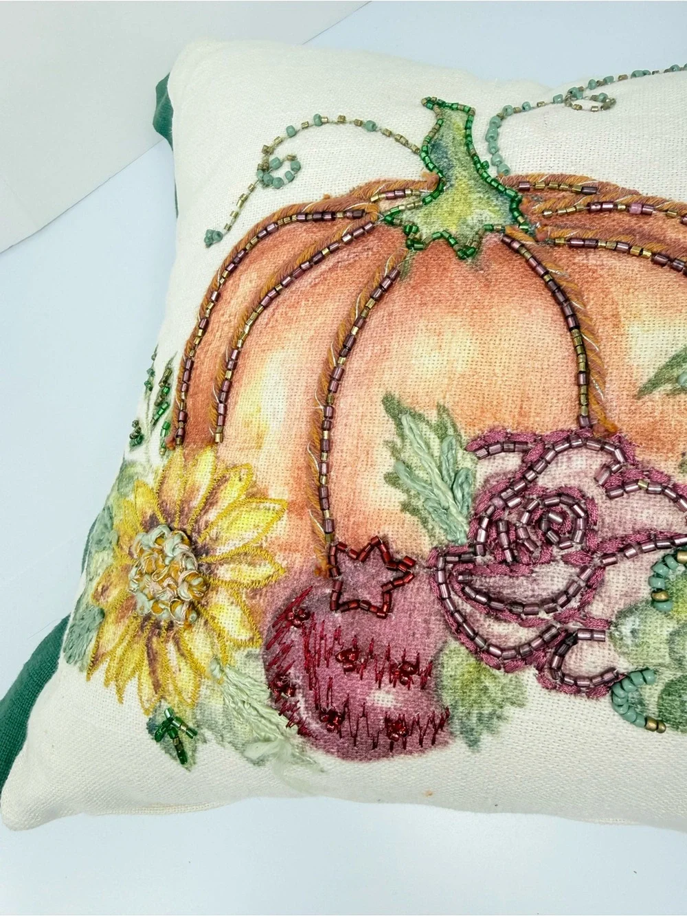 Gardeners Eden Cream Green Pumpkin Fall Print Soft Woven Beaded Accent Pillow
